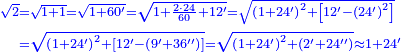 {\color{blue}{\begin{align}\scriptstyle\sqrt{2}&\scriptstyle=\sqrt{1+1}=\sqrt{1+60^\prime}=\sqrt{1+\frac{2\sdot24}{60}+12^\prime}=\sqrt{\left(1+24^\prime\right)^2+\left[12^\prime-\left(24^\prime\right)^2\right]}\\&\scriptstyle=\sqrt{\left(1+24^\prime\right)^2+\left[12^\prime-\left(9^\prime+36^{\prime\prime}\right)\right]}=\sqrt{\left(1+24^\prime\right)^2+\left(2^\prime+24^{\prime\prime}\right)}\approx1+24^\prime\\\end{align}}}