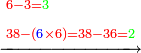 \scriptstyle\xrightarrow{\begin{align}&\scriptstyle{\color{red}{6-3=}}{\color{green}{3}}\\&\scriptstyle{\color{red}{38-\left({\color{blue}{6}}\times6\right)=38-36=}}{\color{green}{2}}\\\end{align}}
