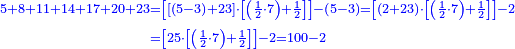 {\color{blue}{\begin{align}\scriptstyle5+8+11+14+17+20+23&\scriptstyle=\left[\left[\left(5-3\right)+23\right]\sdot\left[\left(\frac{1}{2}\sdot{7}\right)+\frac{1}{2}\right]\right]-\left(5-3\right)=\left[\left(2+23\right)\sdot\left[\left(\frac{1}{2}\sdot{7}\right)+\frac{1}{2}\right]\right]-2\\&\scriptstyle=\left[25\sdot\left[\left(\frac{1}{2}\sdot{7}\right)+\frac{1}{2}\right]\right]-2=100-2\\\end{align}}}