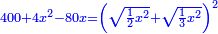 \scriptstyle{\color{blue}{400+4x^2-80x=\left(\sqrt{\frac{1}{2}x^2}+\sqrt{\frac{1}{3}x^2}\right)^2}}