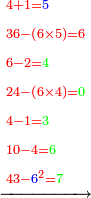 \scriptstyle\xrightarrow{\begin{align}&\scriptstyle{\color{red}{4+1=}}{\color{blue}{5}}\\&\scriptstyle{\color{red}{36-\left(6\times5\right)=6}}\\&\scriptstyle{\color{red}{6-2=}}{\color{green}{4}}\\&\scriptstyle{\color{red}{24-\left(6\times4\right)=}}{\color{green}{0}}\\&\scriptstyle{\color{red}{4-1=}}{\color{green}{3}}\\&\scriptstyle{\color{red}{10-4=}}{\color{green}{6}}\\&\scriptstyle{\color{red}{43-{\color{blue}{6}}^2=}}{\color{green}{7}}\\\end{align}}