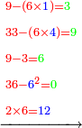 \scriptstyle\xrightarrow{\begin{align}&\scriptstyle{\color{red}{9-\left(6\times{\color{blue}{1}}\right)=}}{\color{green}{3}}\\&\scriptstyle{\color{red}{33-\left(6\times{\color{blue}{4}}\right)=}}{\color{green}{9}}\\&\scriptstyle{\color{red}{9-3=}}{\color{green}{6}}\\&\scriptstyle{\color{red}{36-{\color{blue}{6}}^2=}}{\color{green}{0}}\\&\scriptstyle{\color{red}{2\times6=}}{\color{blue}{12}}\\\end{align}}