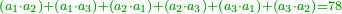 \scriptstyle{\color{OliveGreen}{\left(a_1\sdot a_2\right)+\left(a_1\sdot a_3\right)+\left(a_2\sdot a_1\right)+\left(a_2\sdot a_3\right)+\left(a_3\sdot a_1\right)+\left(a_3\sdot a_2\right)=78}}
