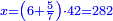 \scriptstyle{\color{blue}{x=\left(6+\frac{5}{7}\right)\sdot42=282}}