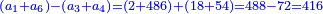 \scriptstyle{\color{blue}{\left(a_1+a_6\right)-\left(a_3+a_4\right)=\left(2+486\right)+\left(18+54\right)=488-72=416}}