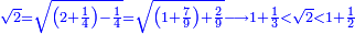 \scriptstyle{\color{blue}{\sqrt{2}=\sqrt{\left(2+\frac{1}{4}\right)-\frac{1}{4}}=\sqrt{\left(1+\frac{7}{9}\right)+\frac{2}{9}}\longrightarrow1+\frac{1}{3}<\sqrt{2}<1+\frac{1}{2}}}
