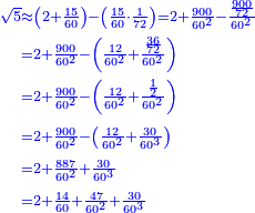 \scriptstyle{\color{blue}{\begin{align}\scriptstyle\sqrt{5}&\scriptstyle\approx\left(2+\frac{15}{60}\right)-\left(\frac{15}{60}\sdot\frac{1}{72}\right)=2+\frac{900}{60^2}-\frac{\frac{900}{72}}{60^2}\\&\scriptstyle=2+\frac{900}{60^2}-\left(\frac{12}{60^2}+\frac{\frac{36}{72}}{60^2}\right)\\&\scriptstyle=2+\frac{900}{60^2}-\left(\frac{12}{60^2}+\frac{\frac{1}{2}}{60^2}\right)\\&\scriptstyle=2+\frac{900}{60^2}-\left(\frac{12}{60^2}+\frac{30}{60^3}\right)\\&\scriptstyle=2+\frac{887}{60^2}+\frac{30}{60^3}\\&\scriptstyle=2+\frac{14}{60}+\frac{47}{60^2}+\frac{30}{60^3}\\\end{align}}}