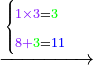 \scriptstyle\xrightarrow{\begin{cases}\scriptstyle{\color{Purple}{1\times3}}={\color{green}{3}}\\\scriptstyle{\color{Purple}{8+}}{\color{green}{3}}={\color{blue}{11}}\end{cases}}