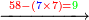 \scriptstyle\xrightarrow{{\color{red}{58-\left({\color{blue}{7}}\times7\right)=}}{\color{green}{9}}}