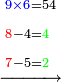 \scriptstyle\xrightarrow{\begin{align}&\scriptstyle{\color{blue}{9\times6}}=54\\&\scriptstyle{\color{red}{8}}-4={\color{green}{4}}\\&\scriptstyle{\color{red}{7}}-5={\color{green}{2}}\\\end{align}}