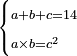 \scriptstyle\begin{cases}\scriptstyle a+b+c=14\\\scriptstyle a\times b=c^2\end{cases}