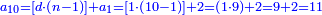 \scriptstyle{\color{blue}{a_{10}=\left[d\sdot\left(n-1\right)\right]+a_1=\left[1\sdot\left(10-1\right)\right]+2=\left(1\sdot9\right)+2=9+2=11}}