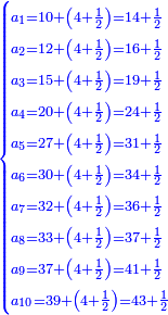 \scriptstyle{\color{blue}{\begin{cases}\scriptstyle a_1=10+\left(4+\frac{1}{2}\right)=14+\frac{1}{2}\\\scriptstyle a_2=12+\left(4+\frac{1}{2}\right)=16+\frac{1}{2}\\\scriptstyle a_3=15+\left(4+\frac{1}{2}\right)=19+\frac{1}{2}\\\scriptstyle a_4=20+\left(4+\frac{1}{2}\right)=24+\frac{1}{2}\\\scriptstyle a_5=27+\left(4+\frac{1}{2}\right)=31+\frac{1}{2}\\\scriptstyle a_6=30+\left(4+\frac{1}{2}\right)=34+\frac{1}{2}\\\scriptstyle a_7=32+\left(4+\frac{1}{2}\right)=36+\frac{1}{2}\\\scriptstyle a_8=33+\left(4+\frac{1}{2}\right)=37+\frac{1}{2}\\\scriptstyle a_9=37+\left(4+\frac{1}{2}\right)=41+\frac{1}{2}\\\scriptstyle a_{10}=39+\left(4+\frac{1}{2}\right)=43+\frac{1}{2}\end{cases}}}