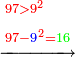 \scriptstyle\xrightarrow{\begin{align}&\scriptstyle{\color{red}{97>9^2}}\\&\scriptstyle{\color{red}{97-{\color{blue}{9}}^2=}}{\color{green}{16}}\\\end{align}}