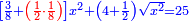 \scriptstyle{\color{blue}{\left[\frac{3}{8}+{\color{red}{\left(\frac{1}{2}\sdot\frac{1}{8}\right)}}\right]x^2+\left(4+\frac{1}{2}\right)\sqrt{x^2}=25}}