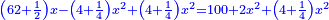 \scriptstyle{\color{blue}{\left(62+\frac{1}{2}\right)x-\left(4+\frac{1}{4}\right)x^2+\left(4+\frac{1}{4}\right)x^2=100+2x^2+\left(4+\frac{1}{4}\right)x^2}}