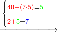 \scriptstyle\xrightarrow{\begin{cases}\scriptstyle{\color{red}{40-\left(7\sdot5\right)}}={\color{green}{5}}\\\scriptstyle{\color{red}{2+}}{\color{green}{5}}={\color{blue}{7}}\end{cases}}