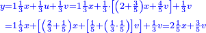 \scriptstyle{\color{blue}{\begin{align}\scriptstyle y &\scriptstyle=1\frac{1}{3}x+\frac{1}{3}u+\frac{1}{3}v=1\frac{1}{3}x+\frac{1}{3}\sdot\left[\left(2+\frac{3}{5}\right)x+\frac{4}{5}v\right]+\frac{1}{3}v\\&\scriptstyle=1\frac{1}{3}x+\left[\left(\frac{2}{3}+\frac{1}{5}\right)x+\left[\frac{1}{5}+\left(\frac{1}{3}\sdot\frac{1}{5}\right)\right]v\right]+\frac{1}{3}v=2\frac{1}{5}x+\frac{3}{5}v\\\end{align}}}