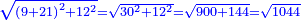 \scriptstyle{\color{blue}{\sqrt{\left(9+21\right)^2+12^2}=\sqrt{30^2+12^2}=\sqrt{900+144}=\sqrt{1044}}}