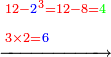 \scriptstyle\xrightarrow{\begin{align}&\scriptstyle{\color{red}{12-{\color{blue}{2}}^3=12-8=}}{\color{green}{4}}\\&\scriptstyle{\color{red}{3\times2=}}{\color{blue}{6}}\\\end{align}}