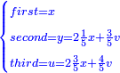 \scriptstyle{\color{blue}{\begin{cases}\scriptstyle first=x\\\scriptstyle second=y=2\frac{1}{5}x+\frac{3}{5}v\\\scriptstyle third=u=2\frac{3}{5}x+\frac{4}{5}v\end{cases}}}