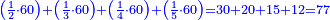 \scriptstyle{\color{blue}{\left(\frac{1}{2}\sdot60\right)+\left(\frac{1}{3}\sdot60\right)+\left(\frac{1}{4}\sdot60\right)+\left(\frac{1}{5}\sdot60\right)=30+20+15+12=77}}