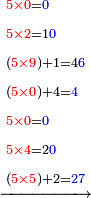 \scriptstyle\xrightarrow{\begin{align}&\scriptstyle{\color{red}{5\times0}}={\color{blue}{0}}\\&\scriptstyle{\color{red}{5\times2}}=1{\color{blue}{0}}\\&\scriptstyle\left({\color{red}{5\times9}}\right)+1=4{\color{blue}{6}}\\&\scriptstyle\left({\color{red}{5\times0}}\right)+4={\color{blue}{4}}\\&\scriptstyle{\color{red}{5\times0}}={\color{blue}{0}}\\&\scriptstyle{\color{red}{5\times4}}=2{\color{blue}{0}}\\&\scriptstyle\left({\color{red}{5\times5}}\right)+2={\color{blue}{27}}\\\end{align}}