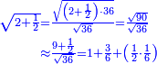 {\color{blue}{\begin{align}\scriptstyle\sqrt{2+\frac{1}{2}}&\scriptstyle=\frac{\sqrt{\left(2+\frac{1}{2}\right)\sdot36}}{\sqrt{36}}=\frac{\sqrt{90}}{\sqrt{36}}\\&\scriptstyle\approx\frac{9+\frac{1}{2}}{\sqrt{36}}=1+\frac{3}{6}+\left(\frac{1}{2}\sdot\frac{1}{6}\right)\\\end{align}}}