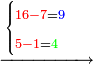 \scriptstyle\xrightarrow{\begin{cases}\scriptstyle{\color{red}{16-7}}={\color{blue}{9}}\\\scriptstyle{\color{red}{5-1}}={\color{green}{4}}\end{cases}}