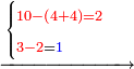 \scriptstyle\xrightarrow{\begin{cases}\scriptstyle{\color{red}{10-\left(4+4\right)=2}}\\\scriptstyle{\color{red}{3-2}}={\color{blue}{1}}\end{cases}}