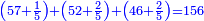 \scriptstyle{\color{blue}{\left(57+\frac{1}{5}\right)+\left(52+\frac{2}{5}\right)+\left(46+\frac{2}{5}\right)=156}}