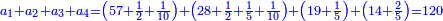 \scriptstyle{\color{blue}{a_1+a_2+a_3+a_4=\left(57+\frac{1}{2}+\frac{1}{10}\right)+\left(28+\frac{1}{2}+\frac{1}{5}+\frac{1}{10}\right)+\left(19+\frac{1}{5}\right)+\left(14+\frac{2}{5}\right)=120}}