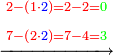\scriptstyle\xrightarrow{\begin{align}&\scriptstyle{\color{red}{2-\left(1\sdot{\color{blue}{2}}\right)=2-2={\color{green}{0}}}}\\&\scriptstyle{\color{red}{7-\left(2\sdot{\color{blue}{2}}\right)=7-4={\color{green}{3}}}}\\\end{align}}
