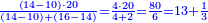 \scriptstyle{\color{blue}{\frac{\left(14-10\right)\sdot20}{\left(14-10\right)+\left(16-14\right)}=\frac{4\sdot20}{4+2}=\frac{80}{6}=13+\frac{1}{3}}}