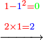\scriptstyle\xrightarrow{\begin{align}&\scriptstyle{\color{red}{1-{\color{blue}{1}}^2=}}{\color{green}{0}}\\&\scriptstyle{\color{red}{2\times1=}}{\color{blue}{2}}\\\end{align}}