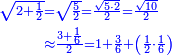 {\color{blue}{\begin{align}\scriptstyle\sqrt{2+\frac{1}{2}}&\scriptstyle=\sqrt{\frac{5}{2}}=\frac{\sqrt{5\sdot2}}{2}=\frac{\sqrt{10}}{2}\\&\scriptstyle\approx\frac{3+\frac{1}{6}}{2}=1+\frac{3}{6}+\left(\frac{1}{2}\sdot\frac{1}{6}\right)\\\end{align}}}