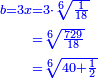 \scriptstyle{\color{blue}{\begin{align}\scriptstyle b=3x&\scriptstyle=3\sdot\sqrt[6]{\frac{1}{18}}\\&\scriptstyle=\sqrt[6]{\frac{729}{18}}\\&\scriptstyle=\sqrt[6]{40+\frac{1}{2}}\\\end{align}}}