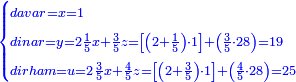 \scriptstyle{\color{blue}{\begin{cases}\scriptstyle davar=x=1\\\scriptstyle dinar=y=2\frac{1}{5}x+\frac{3}{5}z=\left[\left(2+\frac{1}{5}\right)\sdot1\right]+\left(\frac{3}{5}\sdot28\right)=19\\\scriptstyle dirham=u=2\frac{3}{5}x+\frac{4}{5}z=\left[\left(2+\frac{3}{5}\right)\sdot1\right]+\left(\frac{4}{5}\sdot28\right)=25\end{cases}}}