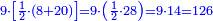\scriptstyle{\color{blue}{9\sdot\left[\frac{1}{2}\sdot\left(8+20\right)\right]=9\sdot\left(\frac{1}{2}\sdot28\right)=9\sdot14=126}}