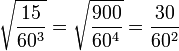 \sqrt{\frac{15}{60^3}}=\sqrt{\frac{900}{60^4}}=\frac{30}{60^2}