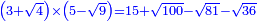 \scriptstyle{\color{blue}{\left(3+\sqrt{4}\right)\times\left(5-\sqrt{9}\right)=15+\sqrt{100}-\sqrt{81}-\sqrt{36}}}