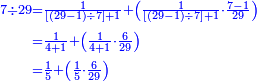 {\color{blue}{\begin{align}\scriptstyle7\div29&\scriptstyle=\frac{1}{\left[\left(29-1\right)\div7\right]+1}+\left(\frac{1}{\left[\left(29-1\right)\div7\right]+1}\sdot\frac{7-1}{29}\right)\\&\scriptstyle=\frac{1}{4+1}+\left(\frac{1}{4+1}\sdot\frac{6}{29}\right)\\&\scriptstyle=\frac{1}{5}+\left(\frac{1}{5}\sdot\frac{6}{29}\right)\\\end{align}}}