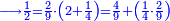 \scriptstyle{\color{blue}{\longrightarrow\frac{1}{2}=\frac{2}{9}\sdot\left(2+\frac{1}{4}\right)=\frac{4}{9}+\left(\frac{1}{4}\sdot\frac{2}{9}\right)}}