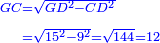 \scriptstyle{\color{blue}{\begin{align}\scriptstyle GC&\scriptstyle=\sqrt{GD^2-CD^2}\\&\scriptstyle=\sqrt{15^2-9^2}=\sqrt{144}=12\\\end{align}}}