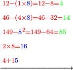 \scriptstyle\xrightarrow{\begin{align}&\scriptstyle{\color{red}{12-\left(1\times{\color{blue}{8}}\right)=12-8=}}{\color{green}{4}}\\&\scriptstyle{\color{red}{46-\left(4\times{\color{blue}{8}}\right)=46-32=}}{\color{green}{14}}\\&\scriptstyle{\color{red}{149-{\color{blue}{8}}^2=149-64=}}{\color{green}{85}}\\&\scriptstyle{\color{red}{2\times8=}}{\color{blue}{16}}\\&\scriptstyle{\color{red}{4+1}}{\color{blue}{5}}\\\end{align}}