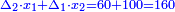 \scriptstyle{\color{blue}{\Delta_2\sdot x_1+\Delta_1\sdot x_2=60+100=160}}