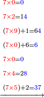 \scriptstyle\xrightarrow{\begin{align}&\scriptstyle{\color{red}{7\times0}}={\color{blue}{0}}\\&\scriptstyle{\color{red}{7\times2}}=1{\color{blue}{4}}\\&\scriptstyle\left({\color{red}{7\times9}}\right)+1=6{\color{blue}{4}}\\&\scriptstyle\left({\color{red}{7\times0}}\right)+6={\color{blue}{6}}\\&\scriptstyle{\color{red}{7\times0}}={\color{blue}{0}}\\&\scriptstyle{\color{red}{7\times4}}=2{\color{blue}{8}}\\&\scriptstyle\left({\color{red}{7\times5}}\right)+2={\color{blue}{37}}\\\end{align}}