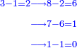 \scriptstyle{\color{blue}{\begin{align}\scriptstyle3-1=2&\scriptstyle\longrightarrow8-2=6\\&\scriptstyle\longrightarrow7-6=1\\&\scriptstyle\longrightarrow1-1=0\\\end{align}}}