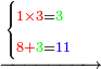 \scriptstyle\xrightarrow{\begin{cases}\scriptstyle{\color{red}{1\times3}}={\color{green}{3}}\\\scriptstyle{\color{red}{8+}}{\color{green}{3}}={\color{blue}{11}}\end{cases}}