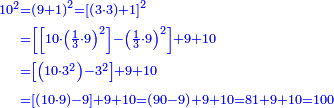 \scriptstyle{\color{blue}{\begin{align}\scriptstyle10^2&\scriptstyle=\left(9+1\right)^2=\left[\left(3\sdot3\right)+1\right]^2\\&\scriptstyle=\left[\left[10\sdot\left(\frac{1}{3}\sdot9\right)^2\right]-\left(\frac{1}{3}\sdot9\right)^2\right]+9+10\\&\scriptstyle=\left[\left(10\sdot3^2\right)-3^2\right]+9+10\\&\scriptstyle=\left[\left(10\sdot9\right)-9\right]+9+10=\left(90-9\right)+9+10=81+9+10=100\\\end{align}}}
